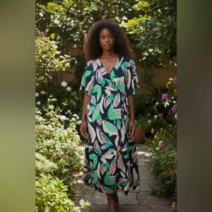Joi De Vivre Navy Pink Green Wrap Maxi Dress Large Preppy Spring